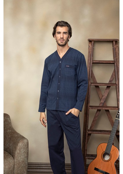 Boy Düğmeli Pamuk V Yaka Çok Rahat Uzun Kollu Pijama