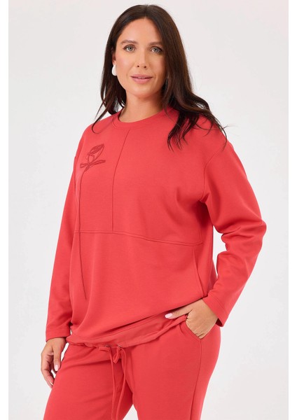 Kadın Büyük Beden Gül Nakışlı Cepli Sweatshirt 4003 Kırmızı