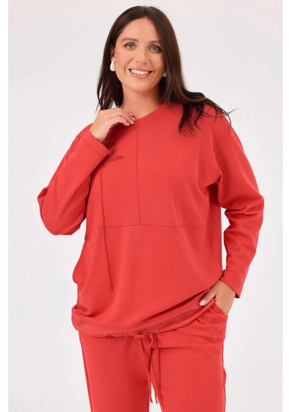 Kadın Büyük Beden Gül Nakışlı Cepli Sweatshirt 4003 Kırmızı