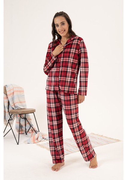 Kadın Kadife Önü Düğmeli Pijama Takımı 24365 Bordo