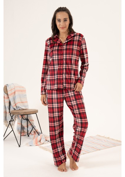 Kadın Kadife Önü Düğmeli Pijama Takımı 24365 Bordo