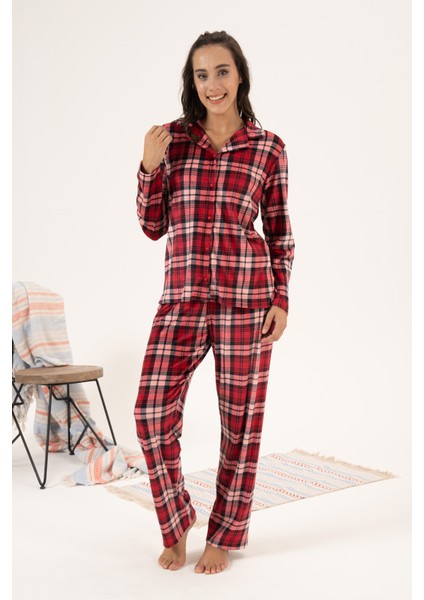 Kadın Kadife Önü Düğmeli Pijama Takımı 24365 Bordo