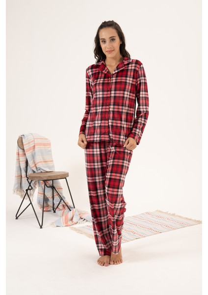 Kadın Kadife Önü Düğmeli Pijama Takımı 24365 Bordo