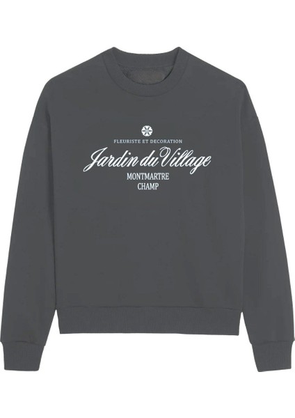 Bisiklet Yaka Içi Polar Jardin Du Village Yazı Baskılı Füme Oversize Sweatshirt