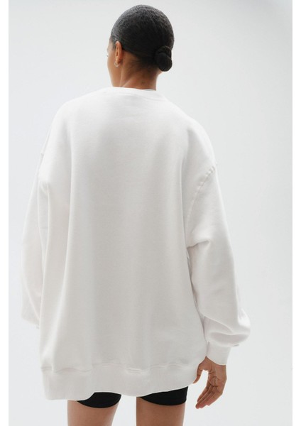 Bisiklet Yaka Içi Polar Jardin Du Village Yazı Baskılı Beyaz Oversize Sweatshirt