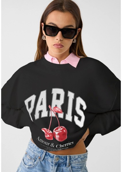 Bisiklet Yaka Içi Polar Paris Yazılı Kiraz Baskılı Siyah Oversize Sweatshirt