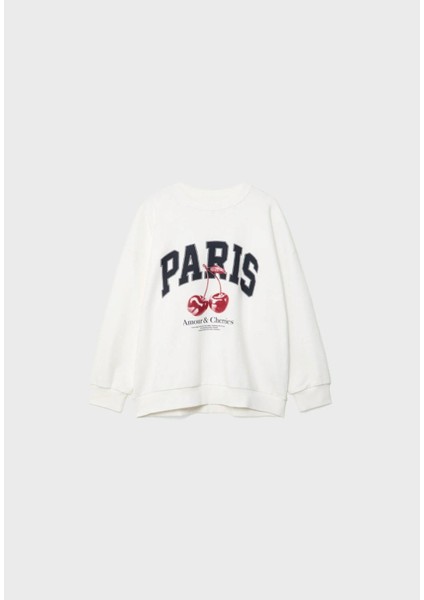 Bisiklet Yaka Içi Polar Paris Yazılı Kiraz Baskılı Beyaz Oversize Sweatshirt