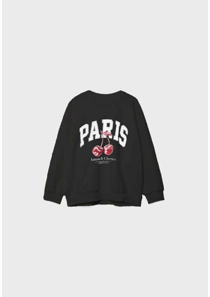 Bisiklet Yaka Içi Polar Paris Yazılı Kiraz Baskılı Siyah Oversize Sweatshirt