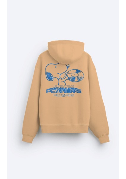 Kapüşonlu Içi Polar Peanuts Yazılı Snoopy Desen Baskılı Bej Oversize Hoodie Sweatshirt