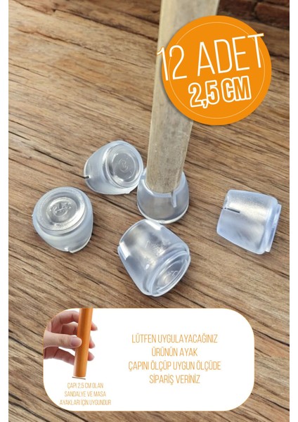 12 Adet Sessiz Tip Sandalye Pabucu Masa Sandalye Zemin Koruyucu 2,5 cm Şeffaf