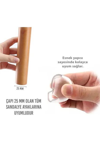 12 Adet Sessiz Tip Sandalye Pabucu Masa Sandalye Zemin Koruyucu 2,5 cm Şeffaf