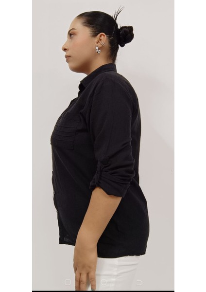 Büyük Beden Pamuk Keten Çift Cepli Yakalı Katlanabilir Kollu Gömlek fiyatları