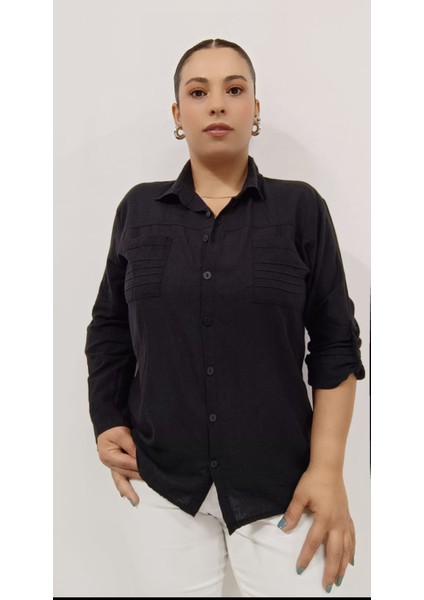 Büyük Beden Pamuk Keten Çift Cepli Yakalı Katlanabilir Kollu Gömlek modelleri