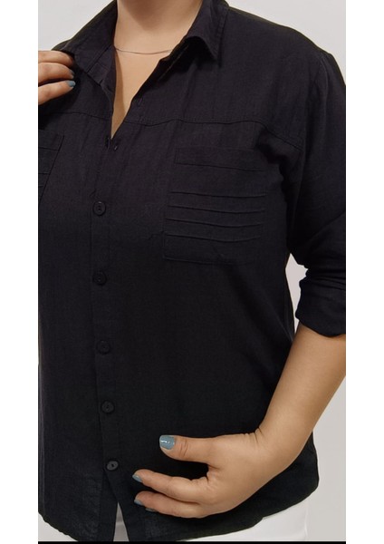 Büyük Beden Pamuk Keten Çift Cepli Yakalı Katlanabilir Kollu Gömlek fırsatları