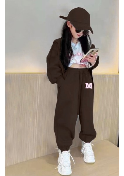 Özel Tasarım Kapüşonlu Tam Fermuarlı M Baskılı Şardonlu Kışlık Kız Çocuk Eşofman Takımı