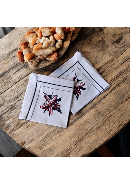 Deniz Yıldızı Nakışlı Keten Kumaş Peçete 2 Adet - Dekoratif Servis Peçetesi