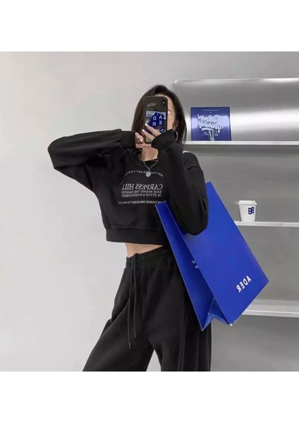 Özel Tasarım Bisiklet Yaka Carpess Hıll Baskılı Kışlık Crop Kadın Eşofman Takımı