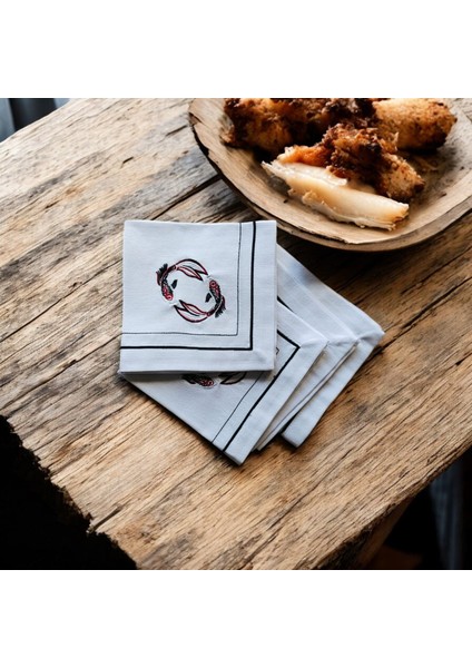 Koi Balıkları Nakışlı Keten Kumaş Peçete 2 Adet - Dekoratif Servis Peçetesi