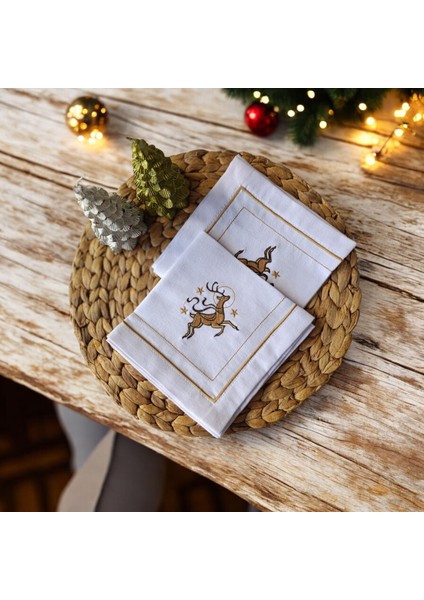 Altın Geyik Nakışlı Keten Kumaş Peçete 2 Adet - Dekoratif Servis Peçetesi