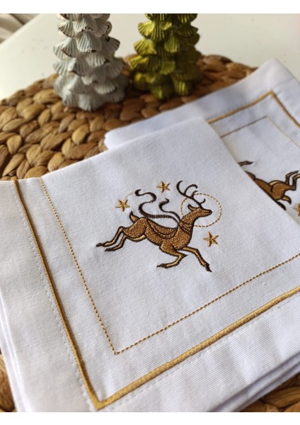 Altın Geyik Nakışlı Keten Kumaş Peçete 2 Adet - Dekoratif Servis Peçetesi fiyatları