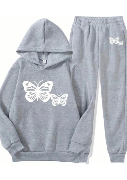 Özel Tasarım Kapüşonlu Whıte Butterfly Baskılı Şardonlu Kışlık Kız Çocuk Eşofman Takımı