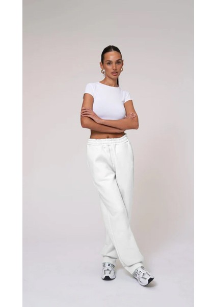 Beli Lastikli Boru Paça 3 Iplik Beyaz Eşofman Altı