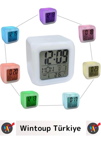 Premium Dekoratif Küp Termometre Takvimli 7 Renk Değiştiren Dijital Alarmlı Küp Masa Çalar Saat fırsatları