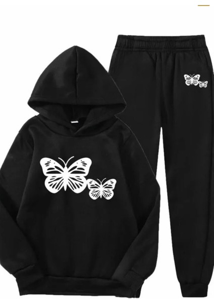 Özel Tasarım Kapüşonlu Whıte Butterfly Baskılı Şardonlu Kışlık Kız Çocuk Eşofman Takımı