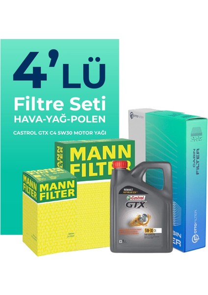 MANN Renault Fluence 1.6 Benzin Filtre Bakım Seti Castrol Motor Yağlı (2010-2016) 4 Lü