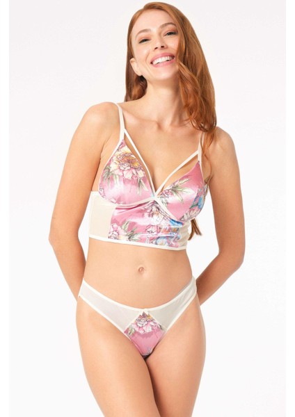 Aria's Closet Kadife Balensiz Desteksiz Dolgusuz Yaka Detaylı Çiçek Baskılı Bralet Sütyen ve Slip Takım