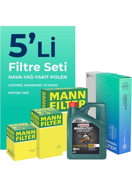 MANN Peugeot Bipper 1.3 Dizel Filtre Bakım Seti Castrol Motor Yağlı (2009-2016) 5 Li