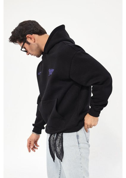 Kapüşonlu Içi Polar Eighty Five Yazı Baskılı Siyah Oversize Hoodie Sweatshirt