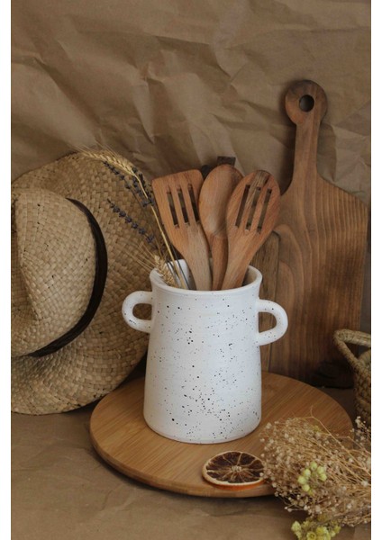 Dekoratif El Yapımı Çift Kulplu Seramik Vazo & Kaşıklık Organizasyon Çeyiz Salon Mutfak Süs