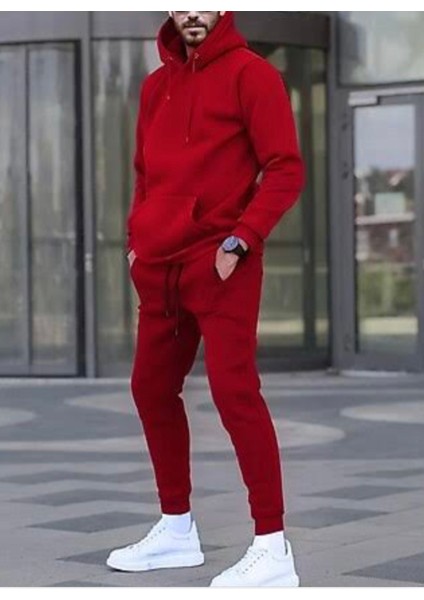 Özel Tasarım Kapüşonlu Baskısız Düz Renk Şardonlu Kışlık Dış Mekan Erkek Eşofman Takımı