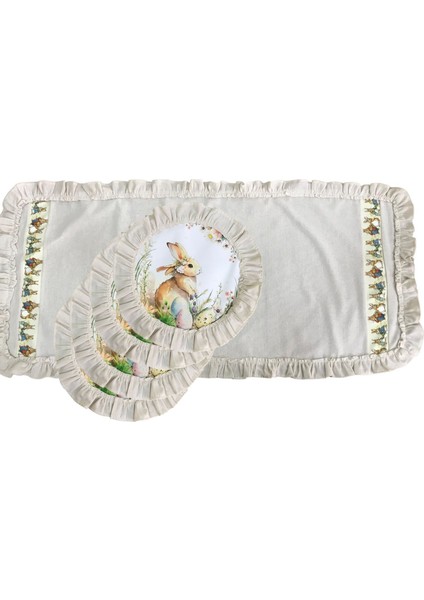 Keten, Bohem, Fırfırlı, Vintage, 4 Adet Yuvarlak Amerikan Servis ve Fırfırlı Runner Tavşan Set