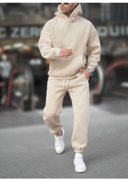 Özel Tasarım Kapüşonlu Baskısız Düz Renk Şardonlu Kışlık Dış Mekan Erkek Eşofman Takımı