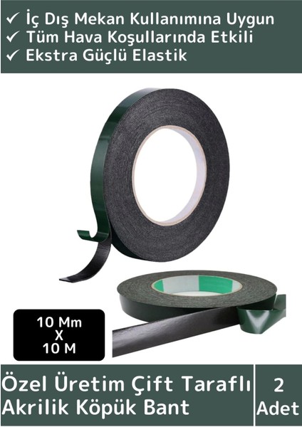 Ultra Güçlü İz Bırakmaz Elastik Yapılı Çift Taraflı 10 mm - 10 Metre Akrilik Köpük Bant 2 Ad