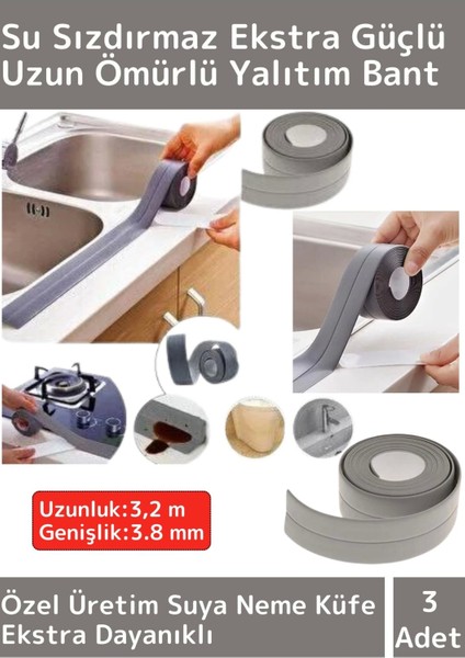 Su Sızdırmaz Ekstra Dayanıklı Pvc Yağ Kenar Küf Önleyici 3.2m Gri İzolasyon Bant 3 Adet