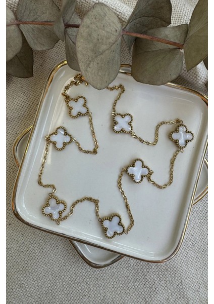 Çelik Yedi Beyaz Yoncalı Kolye 50CM