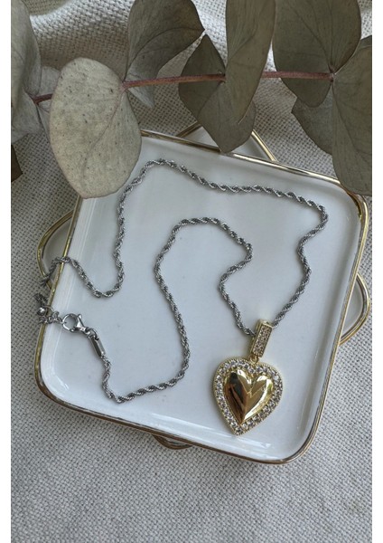 Çelik Iki Renkli Burgu Zincirde Kalp Kolye 50CM