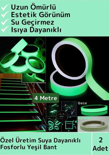 Karanlıkta Işık Veren Yansıyan 4 mt Fosforlu Yeşil Şerit Yapışkanlı Reflektör Bant 2 Ad