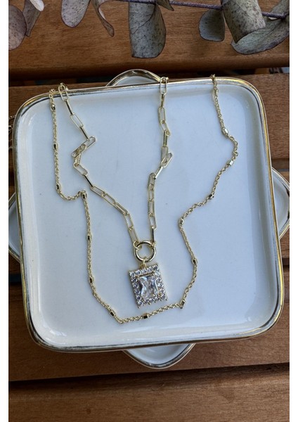 14K Altın Kaplama Ikili Baget Taşlı Kolye 47CM