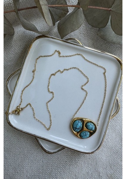 Çelik Üç Firuzeli Plaka Kolye 50CM