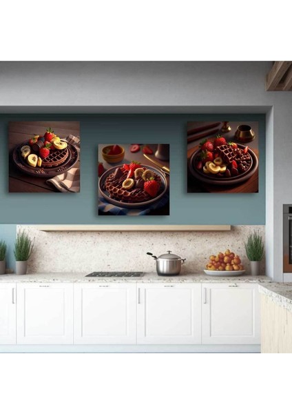 Çilek Muz Ve Çikolatalı Waffle Görünümlü Pastahane Kafe Kafeterya Ve Mutfağa Asmalık Hd Baskı Kanvas Tablo