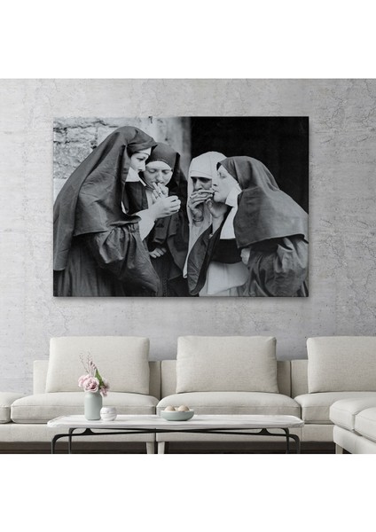 Sigara Içen Rahibeler Vintage Fotoğraf Tablo, Siyah Ve Beyaz Hd Baskı Kanvas Tablo-5376
