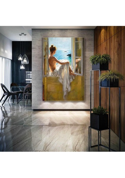Pencerede Oturan Beyaz Elbiseli Model Deniz Manzarası Dikey Hd Baskı Kanvas Tablo