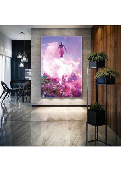 Sislerin Içinden Yükselen Metal Heykel Kafalar Dikey Hd Baskı Kanvas Tablo