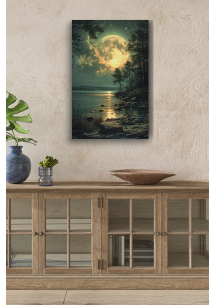 Göl Kenarına Yansıyan Ay Ve Ay Işığı Hd Baskı Kanvas Tablo