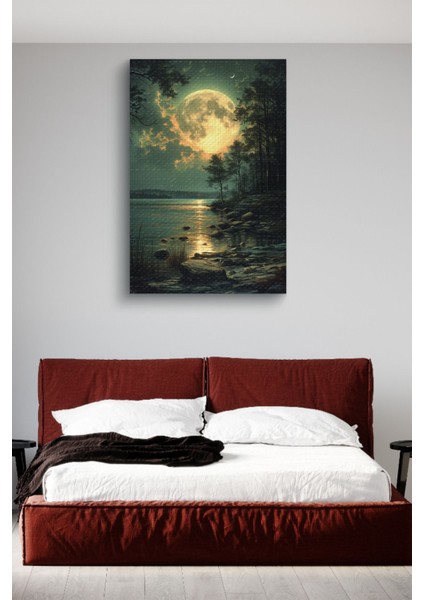Göl Kenarına Yansıyan Ay Ve Ay Işığı Hd Baskı Kanvas Tablo modelleri
