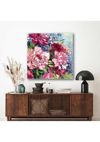Pembe Ve Mavi Krizantem Çiçek Buketi Fırça Izleri Kare Hd Baskı Kanvas Tablo